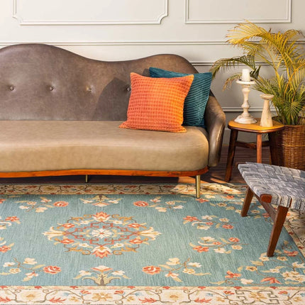 Hand Knotted Floral Wool Rug: Teal Mid Century Turkish Design