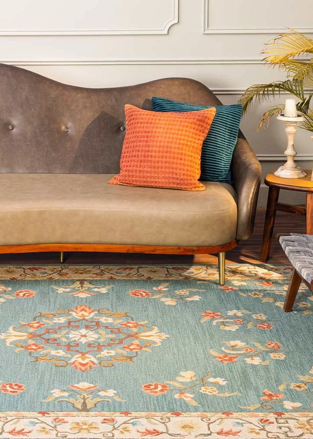 Hand Knotted Floral Wool Rug: Teal Mid Century Turkish Design