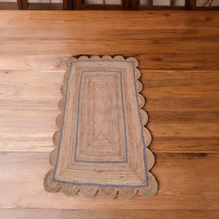 Hand-Braided Jute Runner Rug: Scalloped Dusty Blue Hallway Rug