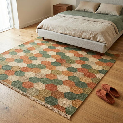 Handwoven Wool Geometric Hexagon Rug, Traditional Indian Dhurrie Flatweave