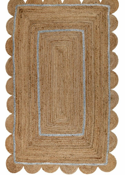 Silver Scalloped Jute Rug: Hand Braided Boho Area Runner