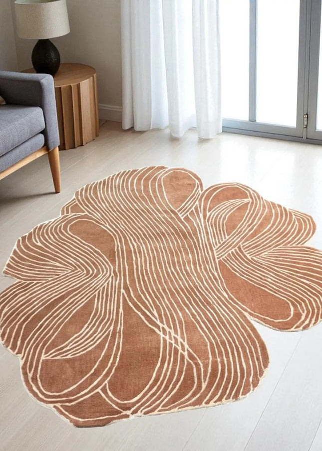 Rust & Ivory Abstract Wool Rug  Irregular Shape Area Rug for Home Decor