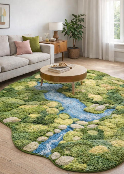 3D Moss Wool Rug, Hand Tufted Botanical Landscape Statement Green Area Rug, Fluffy Carpet