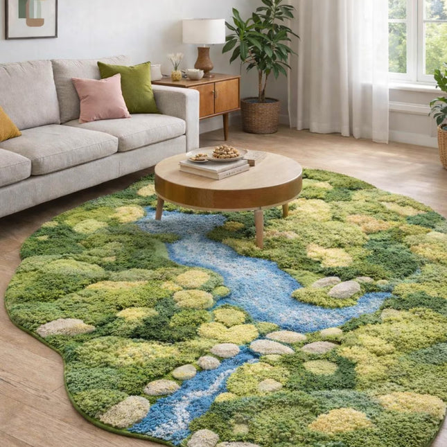 3D Moss Wool Rug, Hand Tufted Botanical Landscape Statement Green Area Rug, Fluffy Carpet
