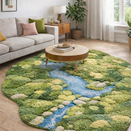 3D Moss Wool Rug, Hand Tufted Botanical Landscape Statement Green Area Rug, Fluffy Carpet