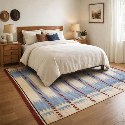 Handwoven Wool Geometric Tribal Rug, Indian Dhurrie, Boho Rug