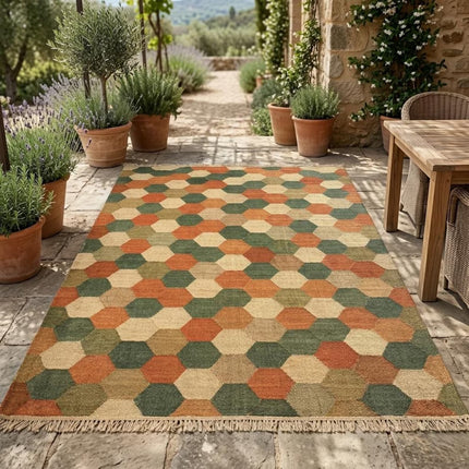 Handwoven Wool Geometric Hexagon Rug, Traditional Indian Dhurrie Flatweave