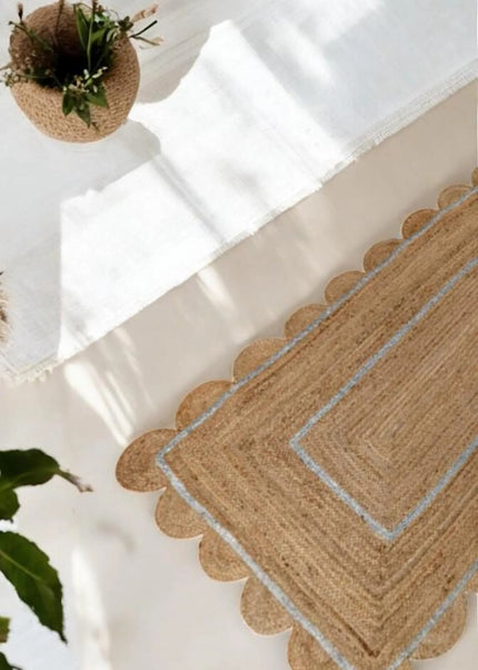 Silver Scalloped Jute Rug: Hand Braided Boho Area Runner