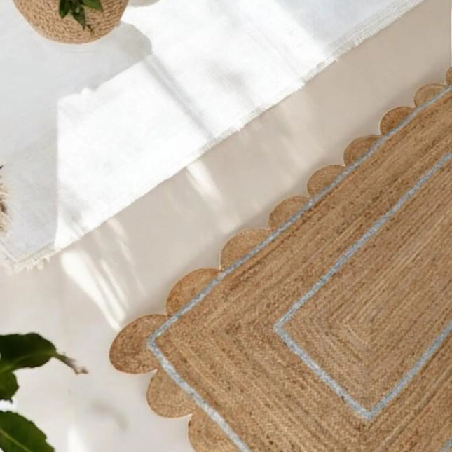 Silver Scalloped Jute Rug: Hand Braided Boho Area Runner
