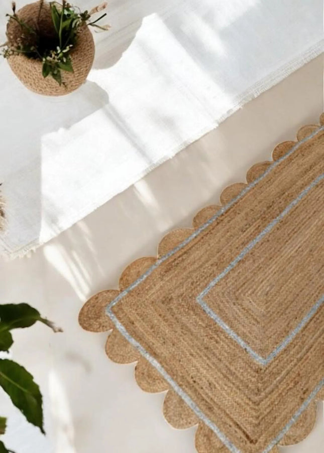 Silver Scalloped Jute Rug: Hand Braided Boho Area Runner