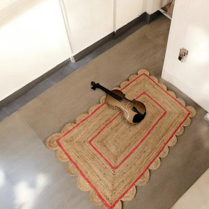Hand-Braided Red Jute Scallop Rug: Bohemian Home Accent