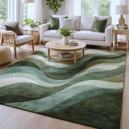 Modern Forest Wave Hand Tufted Rug, Abstract Green Flow Contemporary Wool Area Rug