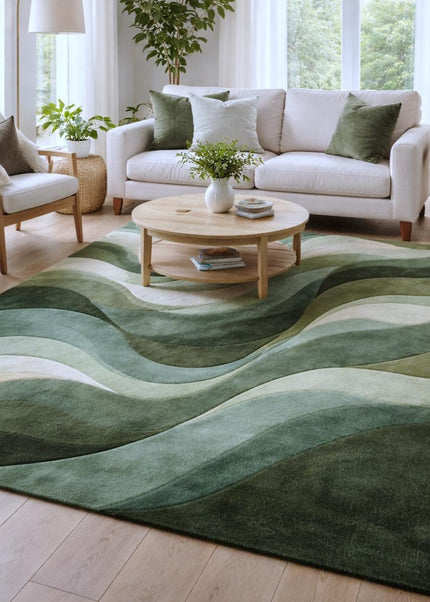 Modern Forest Wave Hand Tufted Rug, Abstract Green Flow Contemporary Wool Area Rug