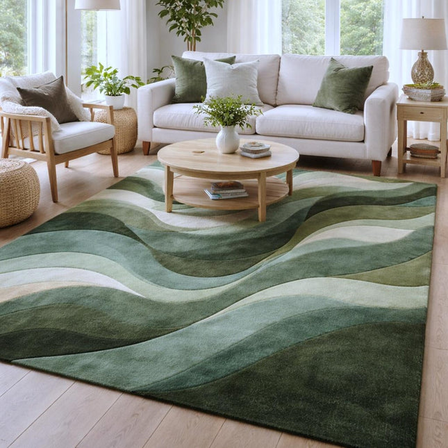 Modern Forest Wave Hand Tufted Rug, Abstract Green Flow Contemporary Wool Area Rug