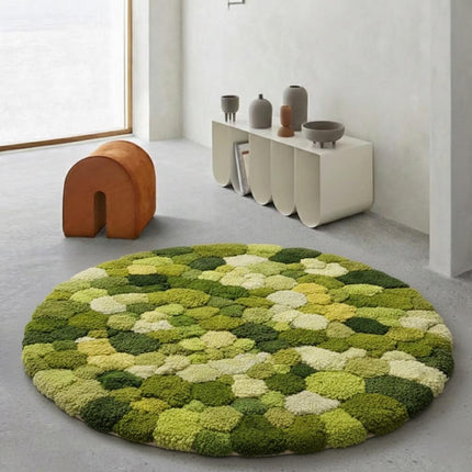 Round Green Moss Wool Rug, Hand Tufted Botanical Inspired Modern Home Decor