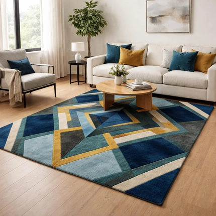 Modern Geometric Hand Tufted Wool Rug, Blue Teal Gold Abstract Area Rug