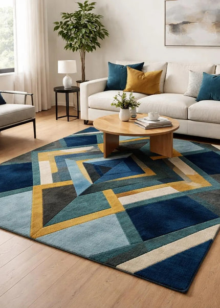 Modern Geometric Hand Tufted Wool Rug, Blue Teal Gold Abstract Area Rug