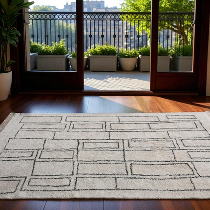 Geometric Cotton Hand Knotted Neutral Irregular Pattern Rug