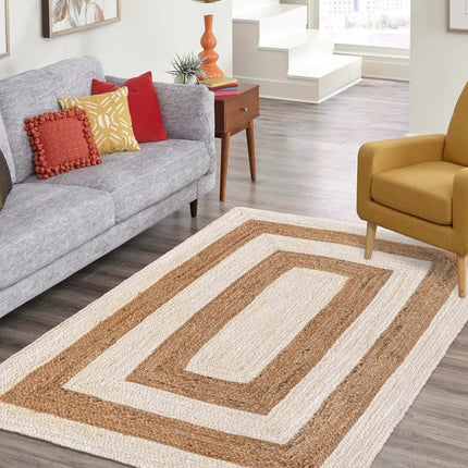 Handwoven Striped Jute Rug: Off-White Boho Area Rug