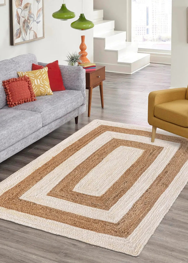 Handwoven Striped Jute Rug: Off-White Boho Area Rug