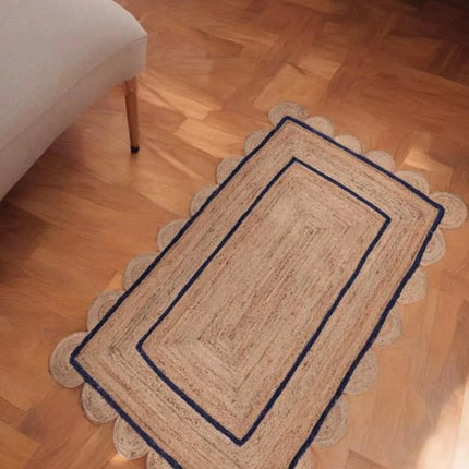 Hand-Braided Blue Scalloped Jute Rug: Natural Fiber Runner