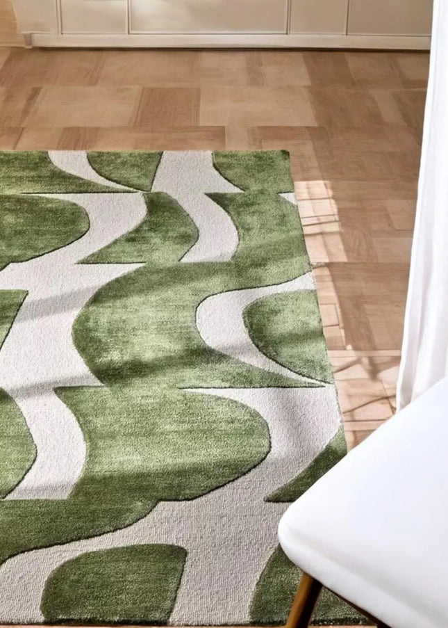 Hand Tufted Green Wool Rug: Abstract Modern Carpet