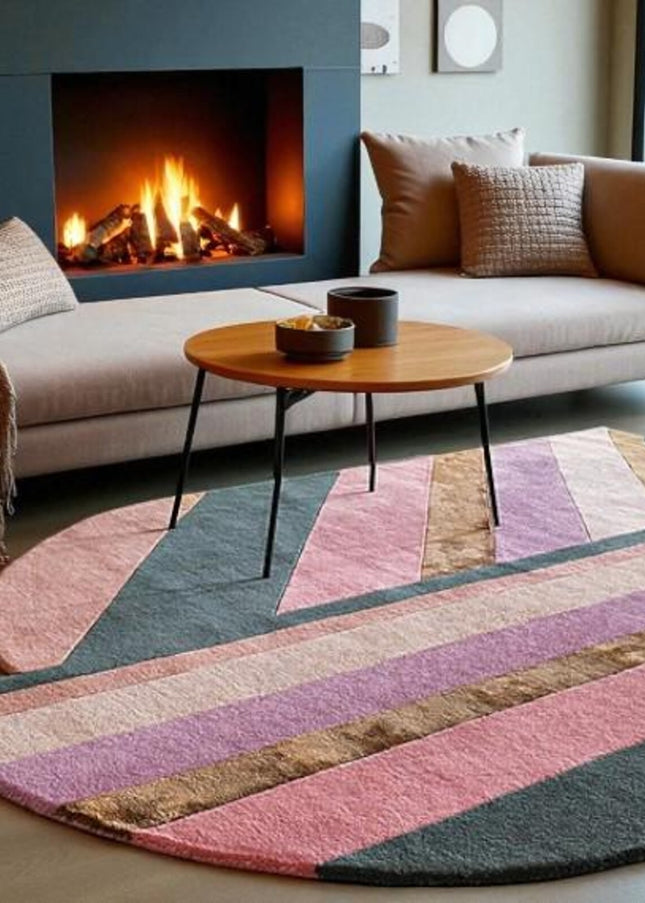Hand Tufted Abstract Living Room Rug: Pink Purple Warm Color Geometric Design