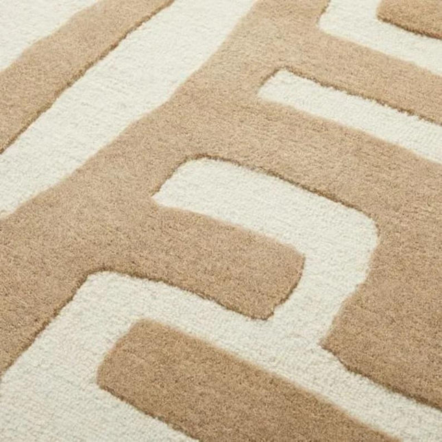 Hand Tufted Beige & Ivory Maze Pattern Wool Rug  Modern Abstract Area Carpet