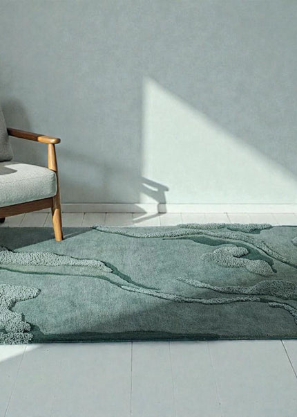 Textured Moss Green Hand Tufted Wool Rug, Modern Minimal Living Room Area Carpet