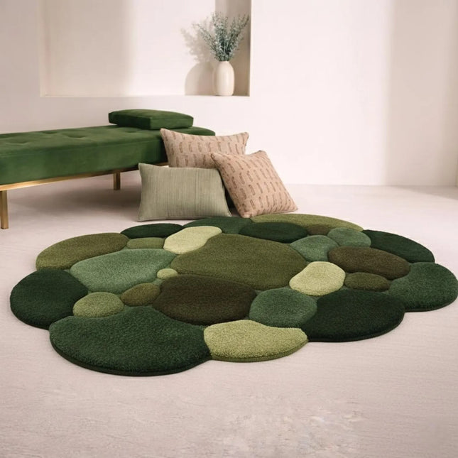 Hand Tufted Moss Wool Rug, Abstract Green Pebble Design