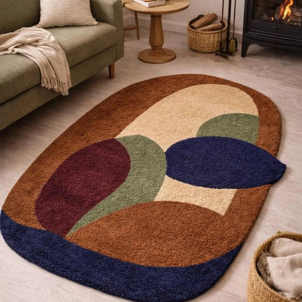 Designer Abstract Hand Tufted Multicolor Wool Rug, Contemporary Arch Shape Statement Carpet