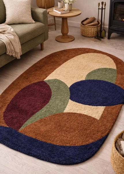 Designer Abstract Hand Tufted Multicolor Wool Rug, Contemporary Arch Shape Statement Carpet
