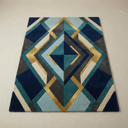 Modern Geometric Hand Tufted Wool Rug, Blue Teal Gold Abstract Area Rug