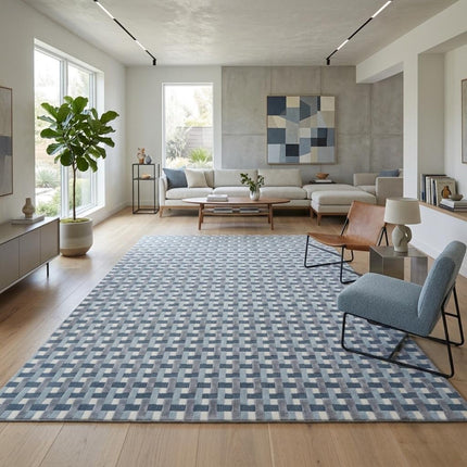 Modern Blue Checkered Wool & Silk Rug - Hand-Tufted 8x10 Area Rug