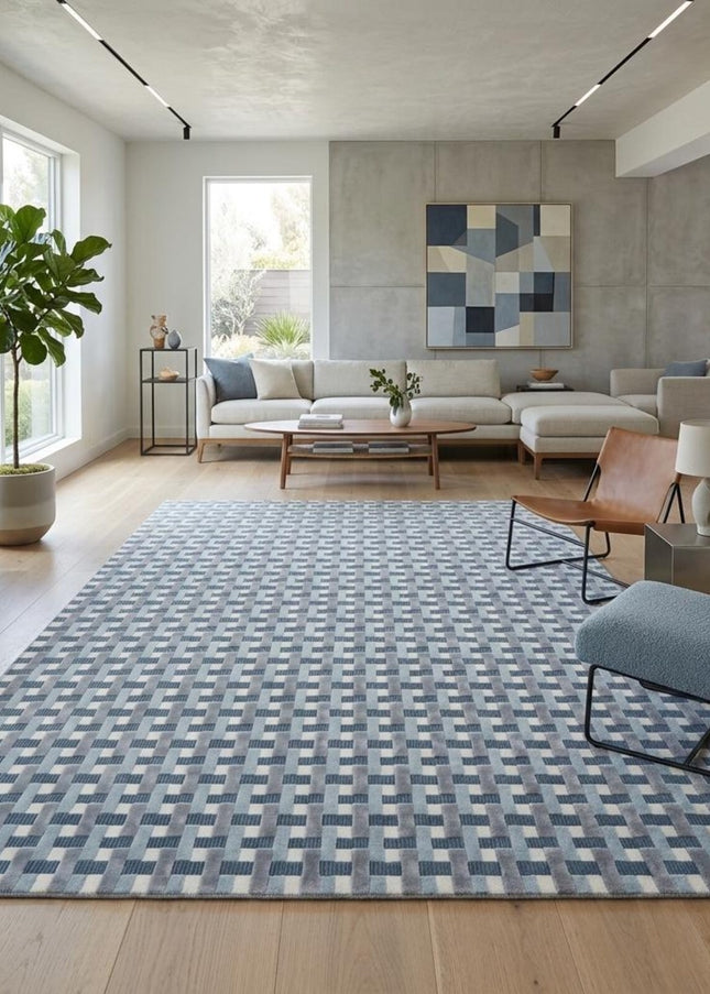 Modern Blue Checkered Wool & Silk Rug - Hand-Tufted 8x10 Area Rug