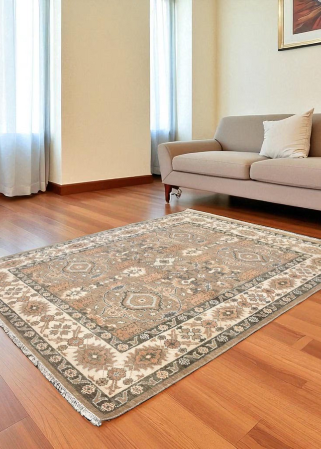 Vintage Oushak Wool Rug – Hand Knotted Earthy Medallion Persian Carpet