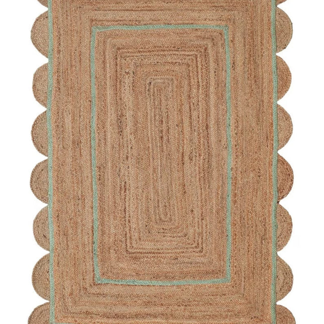 Handmade Pale Green Scalloped Jute Rug: Eco-Friendly Bohemian Runner