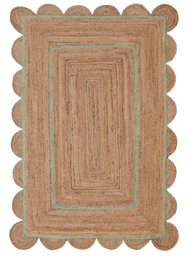 Handmade Pale Green Scalloped Jute Rug: Eco-Friendly Bohemian Runner