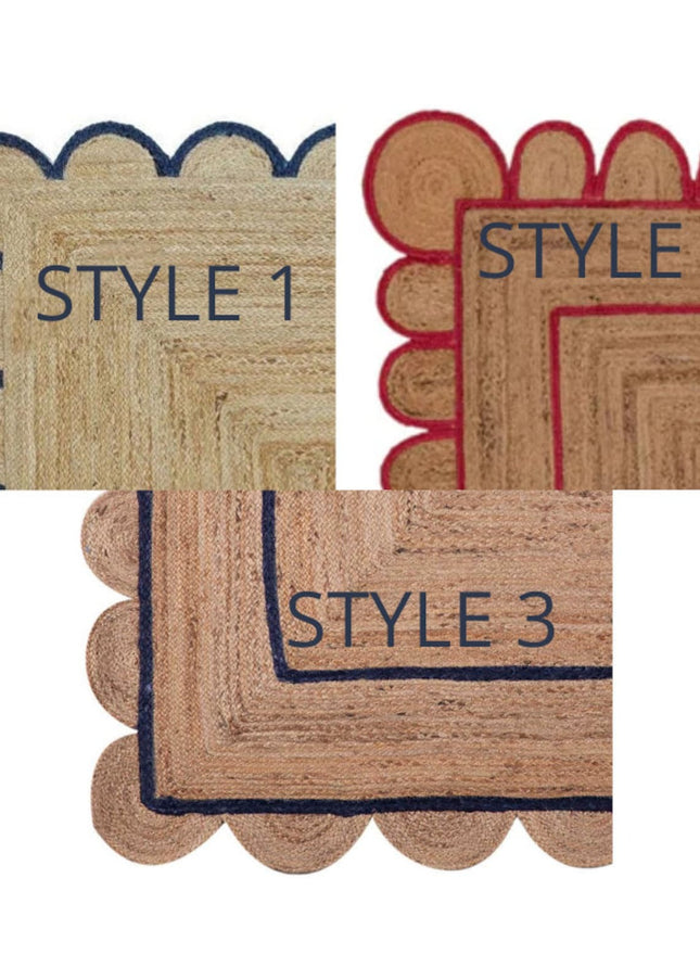 Hand-Braided Blue Scalloped Jute Rug: Natural Fiber Runner