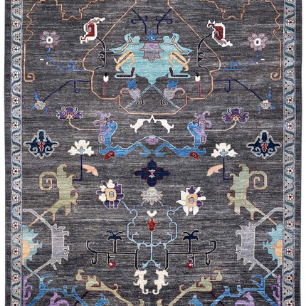 Handwoven Dark Gray Oushak Wool Rug: Vintage Turkish Floral Carpet