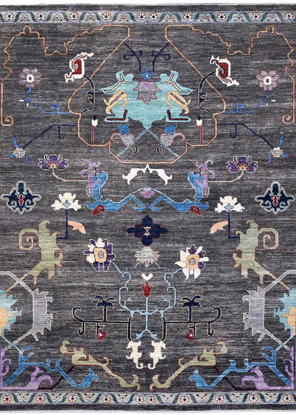 Handwoven Dark Gray Oushak Wool Rug: Vintage Turkish Floral Carpet