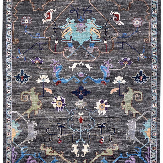 Handwoven Dark Gray Oushak Wool Rug: Vintage Turkish Floral Carpet