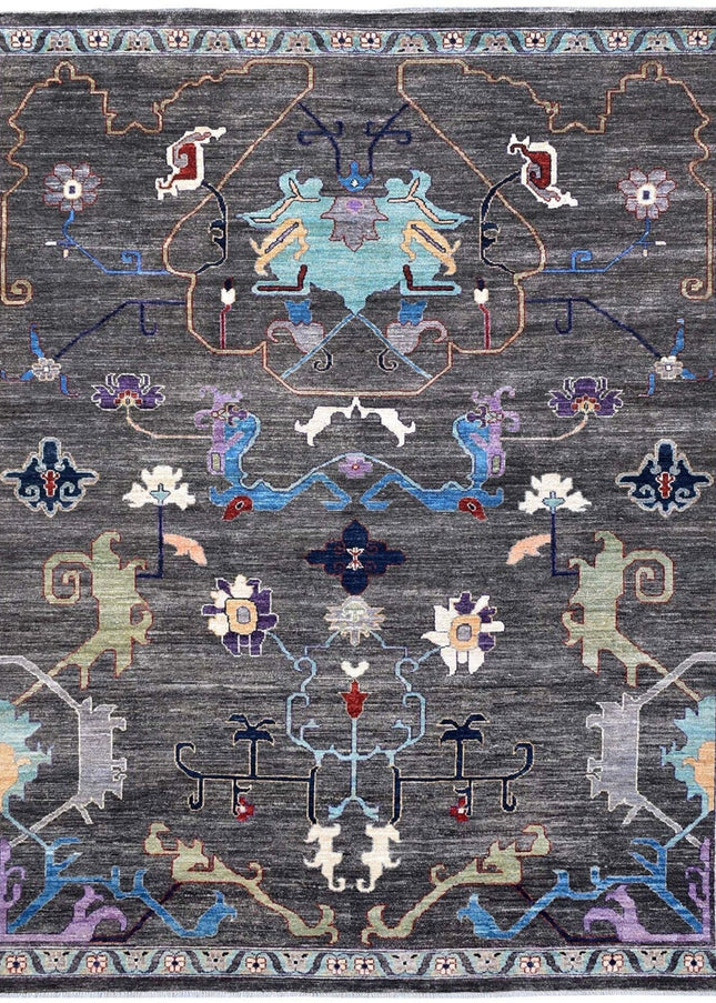 Handwoven Dark Gray Oushak Wool Rug: Vintage Turkish Floral Carpet
