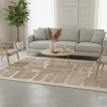 Handwoven Beige Wool Rug: 8x10 Earthy Stone Art Area Rug
