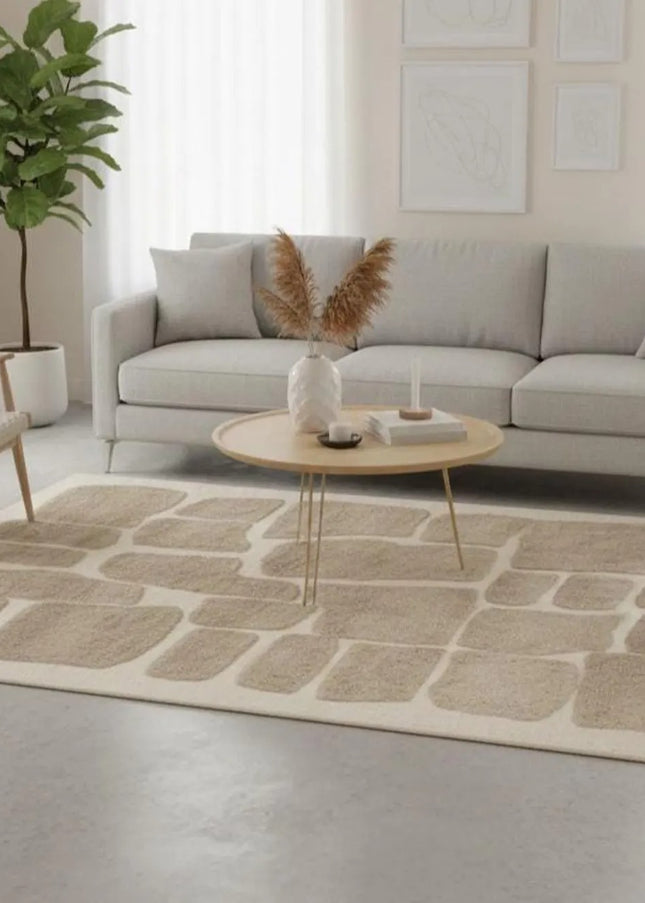 Handwoven Beige Wool Rug: 8x10 Earthy Stone Art Area Rug