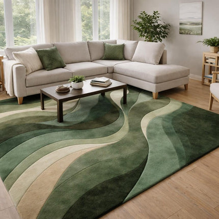 Modern Forest Wave Hand Tufted Rug, Abstract Green Flow Contemporary Wool Area Rug