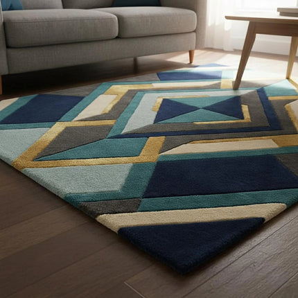 Modern Geometric Hand Tufted Wool Rug, Blue Teal Gold Abstract Area Rug