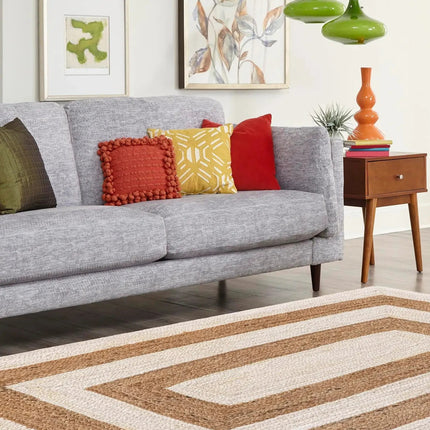 Handwoven Striped Jute Rug: Off-White Boho Area Rug