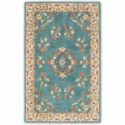 Hand Knotted Floral Wool Rug: Teal Mid Century Turkish Design