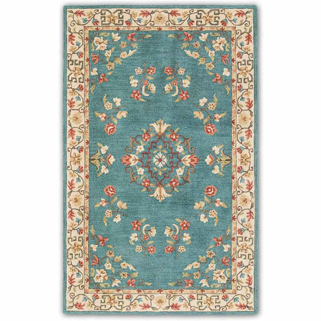 Hand Knotted Floral Wool Rug: Teal Mid Century Turkish Design